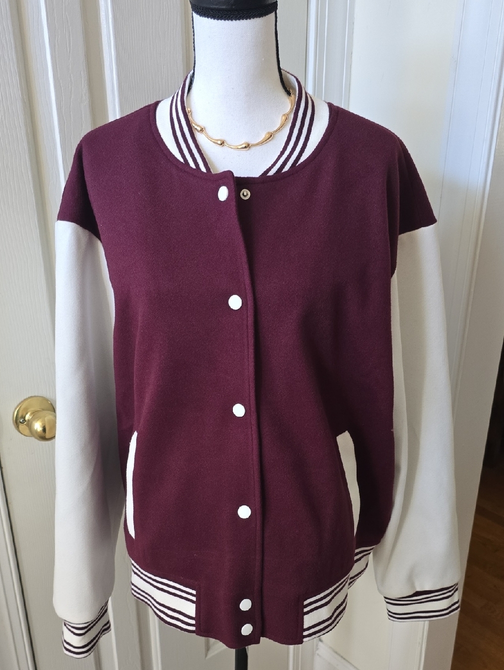 Classic Two-Tone Varsity Jacket - Burgundy & Cream